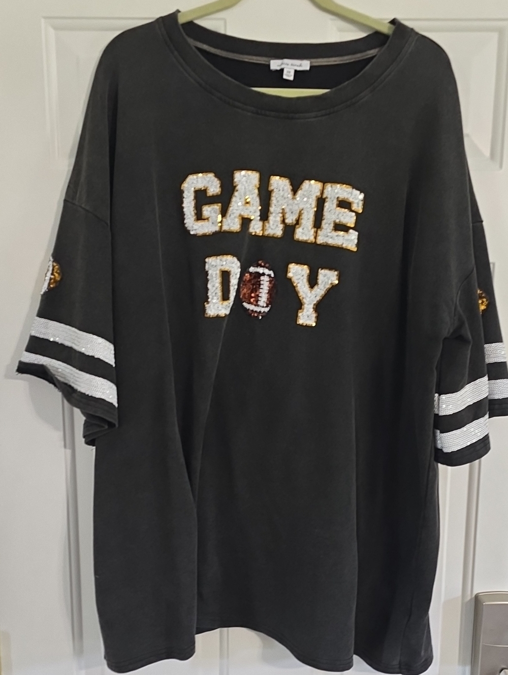 white birch Black Sequin GAME DAY Tee with Gold & White Accents